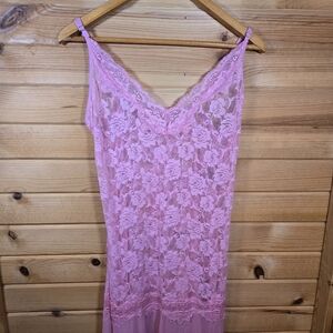 Vintage Slip Maxi Dress Lace Sheer Pink Womens Large Boudoir Sexy Siren Coquette